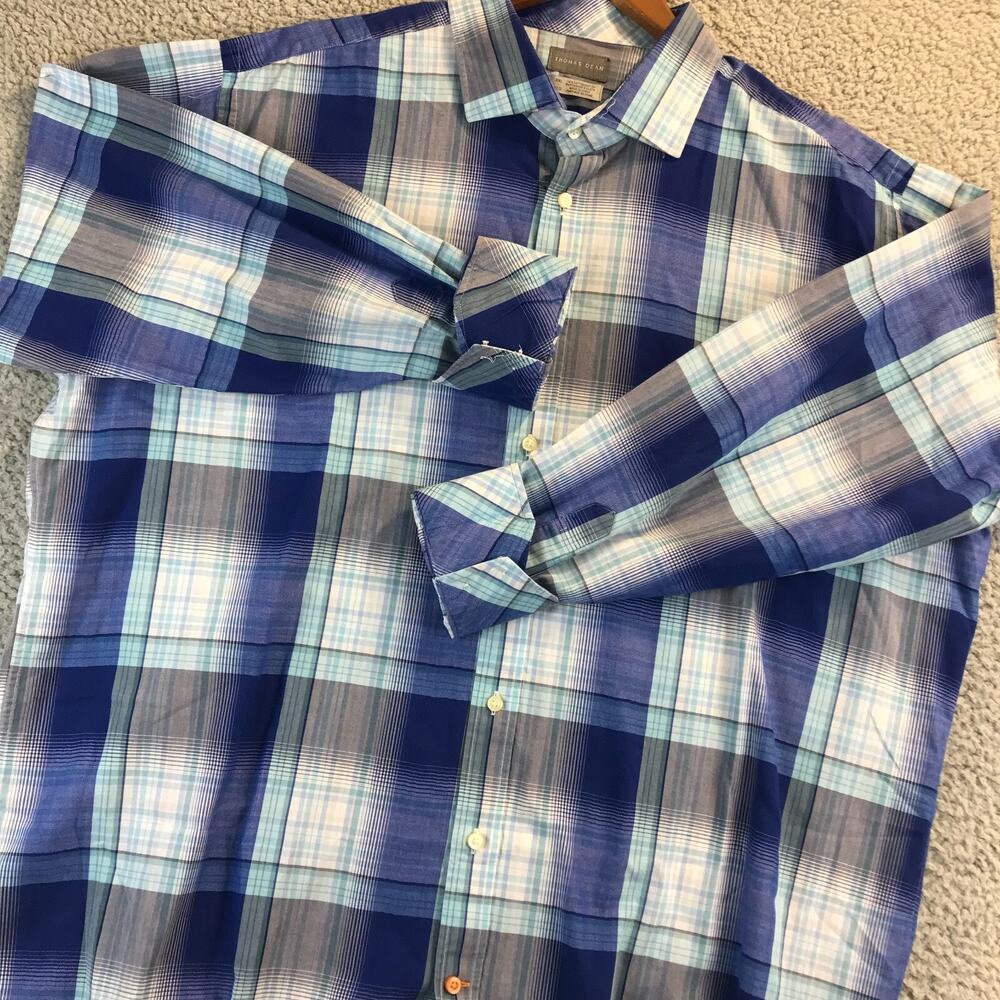 Thomas Dean Mens Long Sleeve Shirt Shirtmaker's 2XL Flip Cuff Multi Blues Plaid